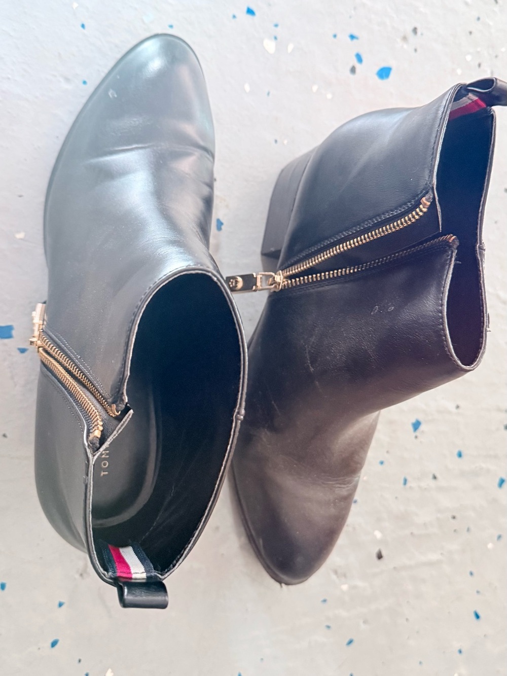 Tommy Hilfiger Black Leather Ankle Booties with Gold Zipper